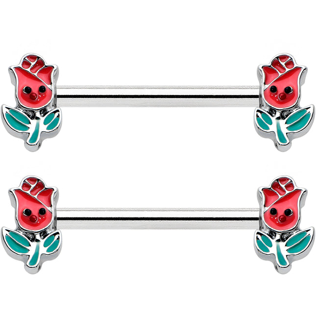 14G 9/16 Sweet Happy Rose Flower Barbell Nipple Ring Set