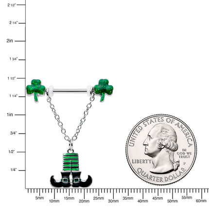 14G 11/16 Leprechaun Legs Shamrock Chain Dangle Nipple Ring Set