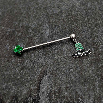 14G Leprechaun Legs Shamrock Dangle Industrial Barbell 38mm