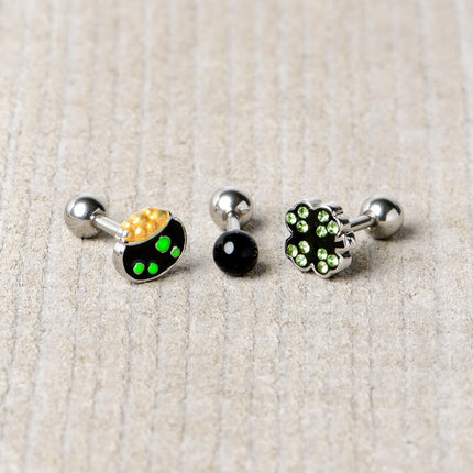 16G 1/4 Green Gem  Shamrock Pot of Gold Cartilage Earring Curation Set of 3