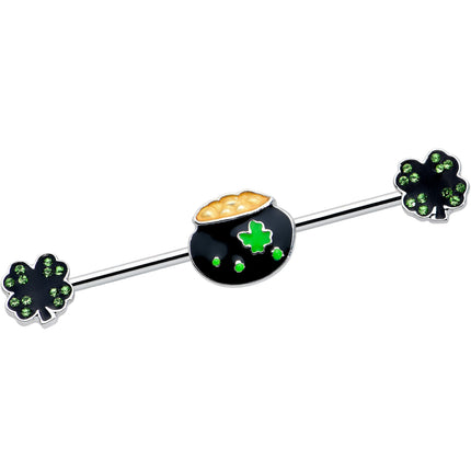 14G Green Gem Shamrock Pot of Gold Industrial Barbell 38mm