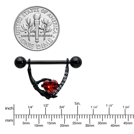 14G 11/16 Red Clear CZ Gem Heart Claw Hand Dangle Nipple Ring Set