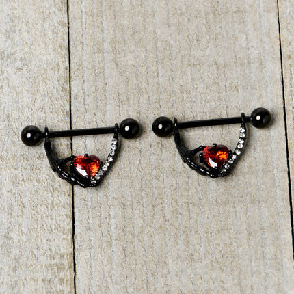 14G 11/16 Red Clear CZ Gem Heart Claw Hand Dangle Nipple Ring Set