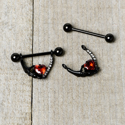14G 11/16 Red Clear CZ Gem Heart Claw Hand Dangle Nipple Ring Set