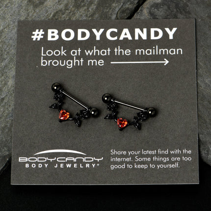 14G 11/16 Red CZ Gem Black Heart Flower Dangle Nipple Ring Set