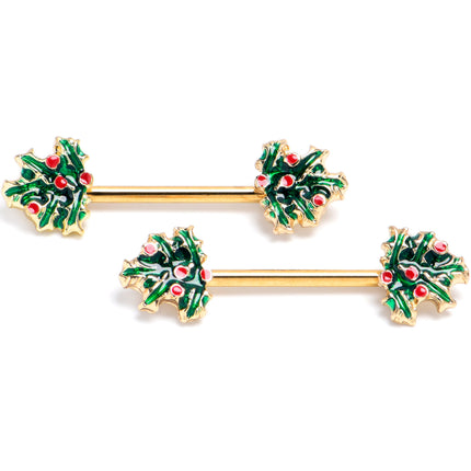 14G 9/16 Gold Tone Festive Holly Sprig Barbell Nipple Ring Set