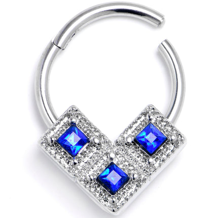 16G 3/8 Blue Clear Gem Rhombus Royale Trio Hinged Segment Ring