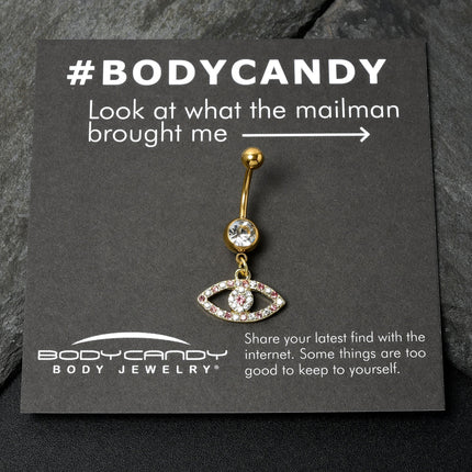 Pink Clear Gem Gold Tone Wide Eye Dangle Belly Ring