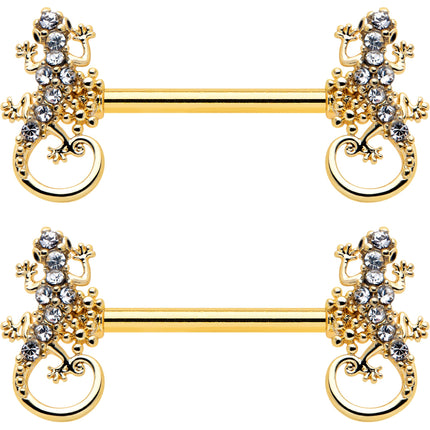 14G 9/16 Clear Gem Gold Hue Luscious Lizard Barbell Nipple Ring Set