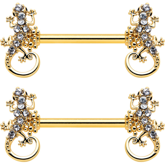 14G 9/16 Clear Gem Gold Hue Luscious Lizard Barbell Nipple Ring Set