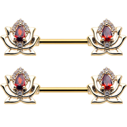 14G 9/16 Red Gem Gold Tone Royal Lotus Barbell Nipple Ring Set