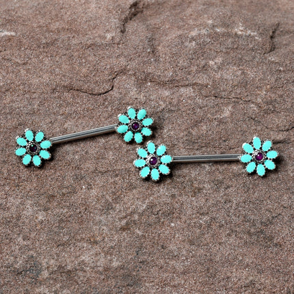 14G 9/16 Blue Faux Opal Flower Teal Petals Barbell Nipple Ring Set
