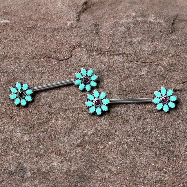 14G 9/16 Blue Faux Opal Flower Teal Petals Barbell Nipple Ring Set