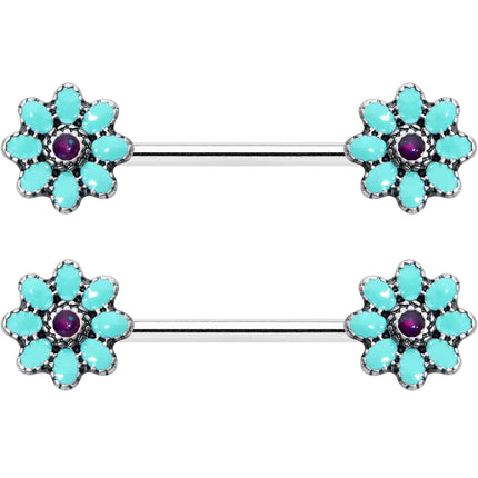 14G 9/16 Blue Faux Opal Flower Teal Petals Barbell Nipple Ring Set