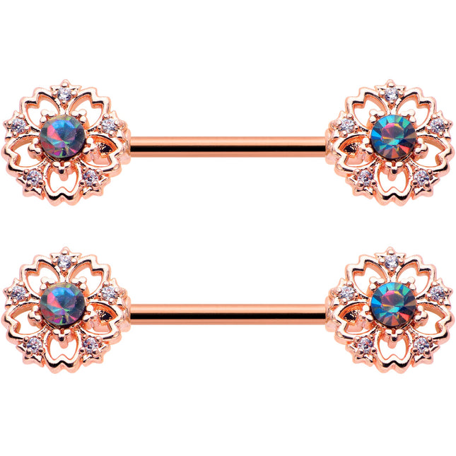 14G 9/16 Vitrail Gem Rosy Hue Flower Barbell Nipple Ring Set