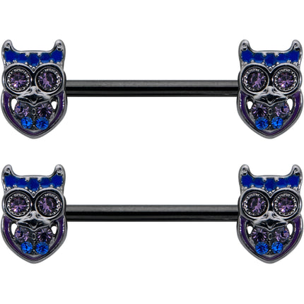 14G 9/16 Purple Blue Gem Black Opulent Owl Barbell Nipple Ring Set