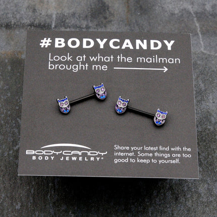 14G 9/16 Purple Blue Gem Black Opulent Owl Barbell Nipple Ring Set