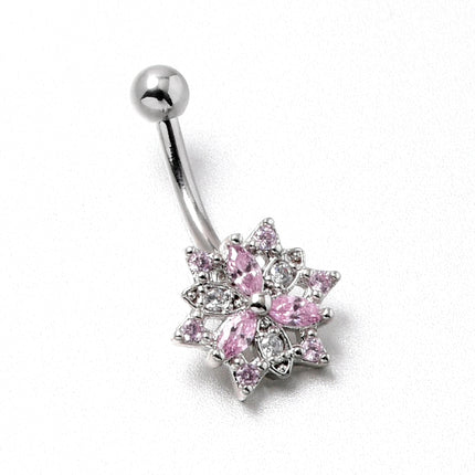 16G 5/16 Pink Clear CZ Gem Snowflake Style Curved Eyebrow Ring