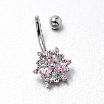 16G 5/16 Pink Clear CZ Gem Snowflake Style Curved Eyebrow Ring