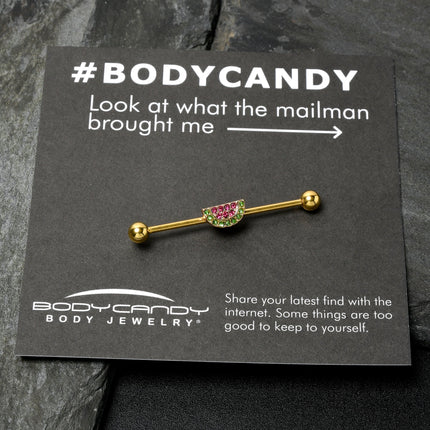 14G Pink Green Gem Gold Hue Watermelon Yum Industrial Barbell 38mm