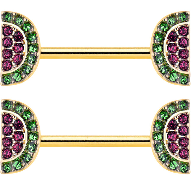 14G 9/16 Pink Gem Gold Hue Watermelon Yum Barbell Nipple Ring Set