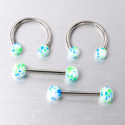 14G 9/16 1/2 Splatter Blue Green Barbell Horseshoe Nipple Ring Set of 4