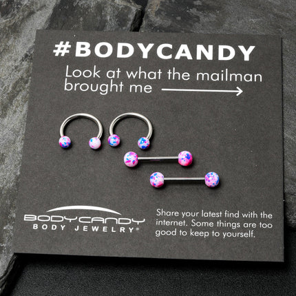 14G 9/16 1/2 Splatter Blue Pink Barbell Horseshoe Nipple Ring Set of 4