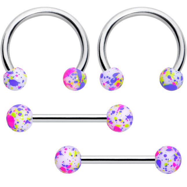 14G 9/16 1/2 Splatter Green Purple Barbell Horseshoe Nipple Ring Set of 4