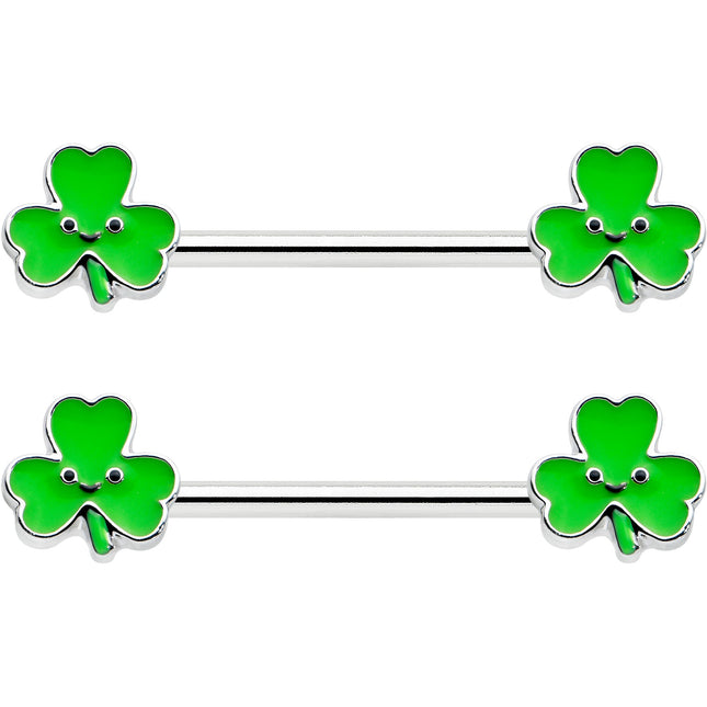 14G 9/16 Kawaii Smile Shamrock St Patricks Barbell Nipple Ring Set