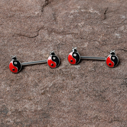 14G 9/16 Clear Gem Ladybug Yin Yang Barbell Nipple Ring Set