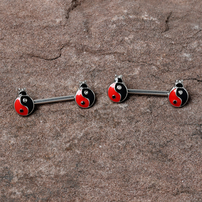 14G 9/16 Clear Gem Ladybug Yin Yang Barbell Nipple Ring Set