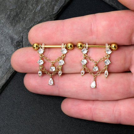 14G  9/16 Clear Gem Gold Tone Double Chain Dangle Nipple Ring Set