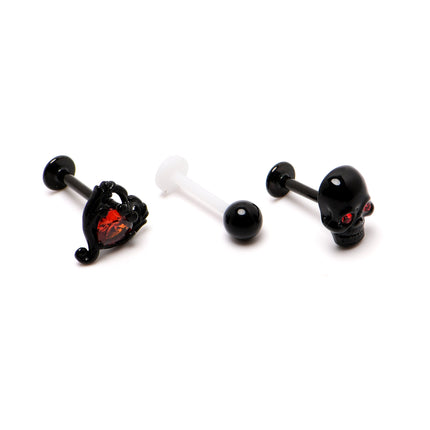 16G 5/16 Red CZ Gem Black Skull Passion Heart Labret Tragus Curation Set of 3