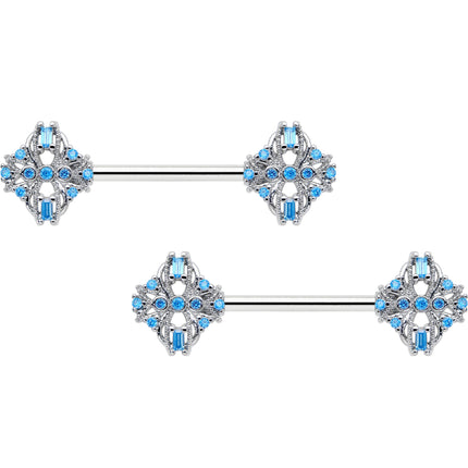 14G 9/16 Blue CZ Gem Opulent Cross Barbell Nipple Ring Set