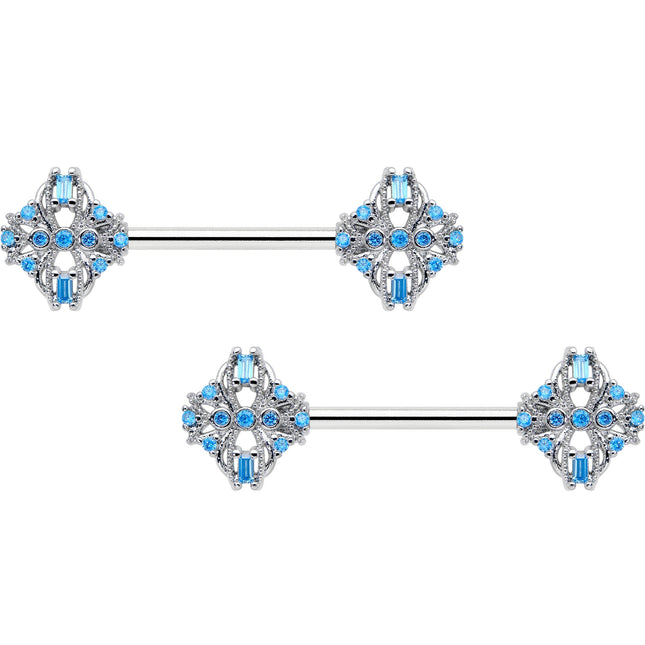 14G 9/16 Blue CZ Gem Opulent Cross Barbell Nipple Ring Set