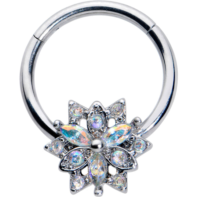 16G 3/8 Aurora CZ Gem Snowflake Style Hinged Segment Ring