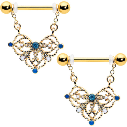 14G 9/16 Blue Gem Gold Tone Lacy Rhombus Dangle Nipple Ring Set