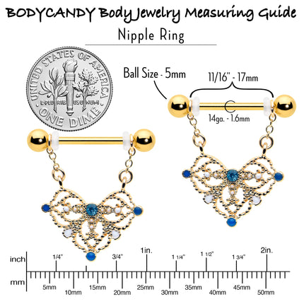 14G 9/16 Blue Gem Gold Tone Lacy Rhombus Dangle Nipple Ring Set