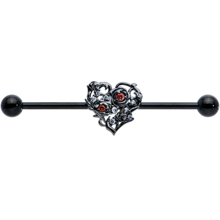 14G Clear Red CZ Gem Black Heart Floral Industrial Barbell 38mm