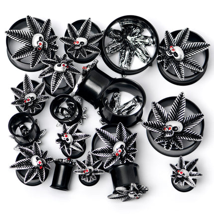 Red Gem Black Pot Leaf Skull Tunnel Plug Set