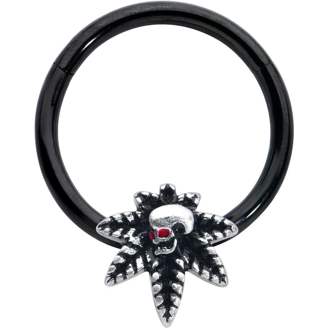 16G 3/8 Red Gem Black Pot Leaf Skull Hinged Segment Ring