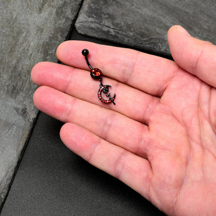 Red CZ Gem Black Moon Rose Flower Gothic Dangle Belly Ring
