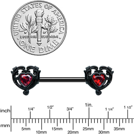 14G 9/16 Red CZ Gem Black Passion Heart Barbell Nipple Ring Set