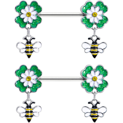 14G 9/16 Yellow Gem Daisy Bee Glittery Barbell Nipple Ring Set
