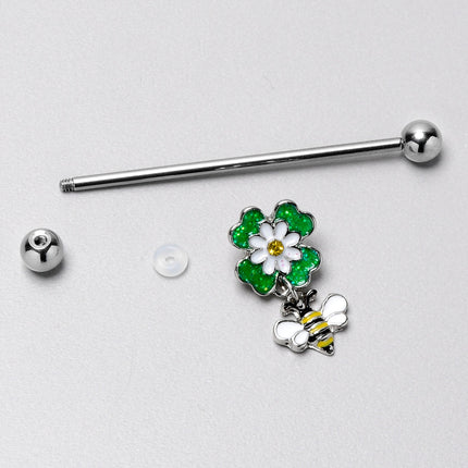 14G Yellow Gem Daisy Bee Glittery Dangle Industrial Barbell 38mm