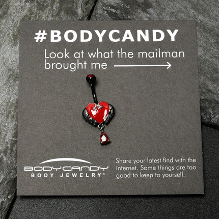 Red CZ Gem Black Double Skull Heart Dangle Belly Ring