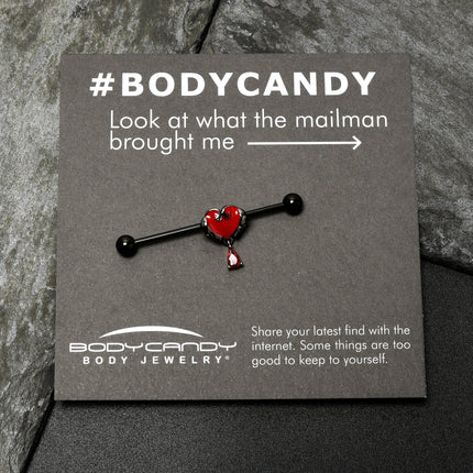 14G Red CZ Gem Black Duo Skull Heart Dangle Industrial Barbell 38mm