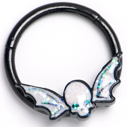 16G 3/8 Black Winged Skull Glitter Hinged Segment Ring