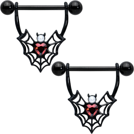 14G 11/16 Red Gem Black Gothic Bat Heart Nipple Shield Set