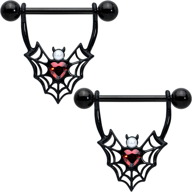 14G 11/16 Red Gem Black Gothic Bat Heart Nipple Shield Set